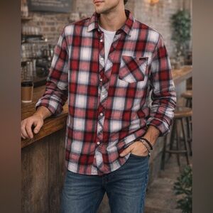 Men’s Ambiguous Red White Plaid Button Down Shirt | Flannel Style Top | Small